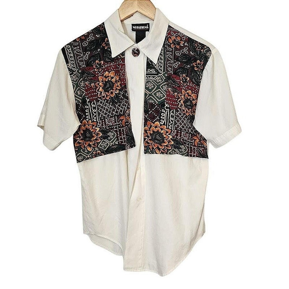 Vintage Notations Bohemian Cottagecore Patchwork Shirt XL Button-Up 90s Blouse
